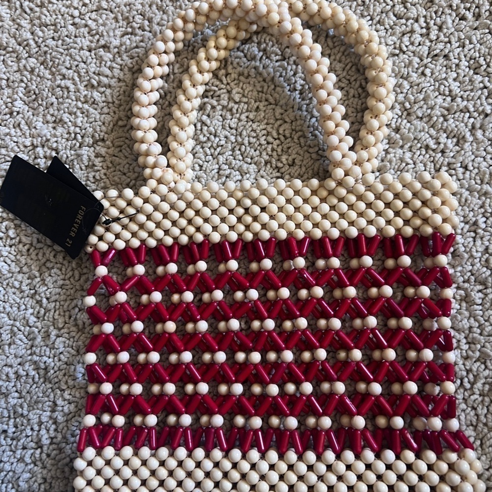 Forever 21 Cream and Red Beaded Tote bag with Striped Design